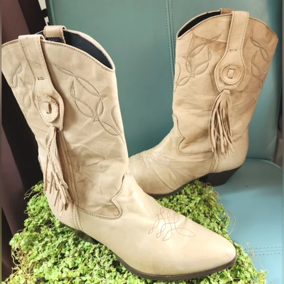 LAREDO 80's Vintage Tan Cream Retro Leather Western Fringe Cowboy Girl Boots 9M - Picture 4 of 16